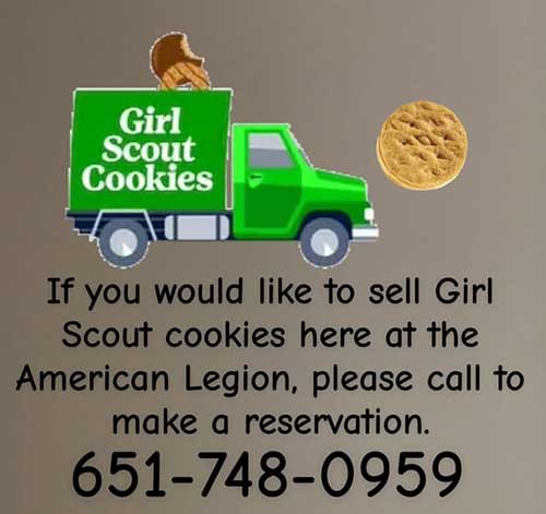 Selling Girl Scout Cookies at Legion needs a reservation.