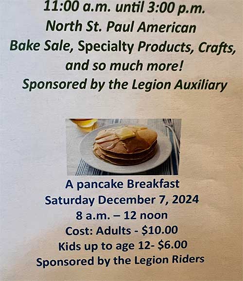 Pancake Breakfast Sat. Dec. 7 at the Legion!