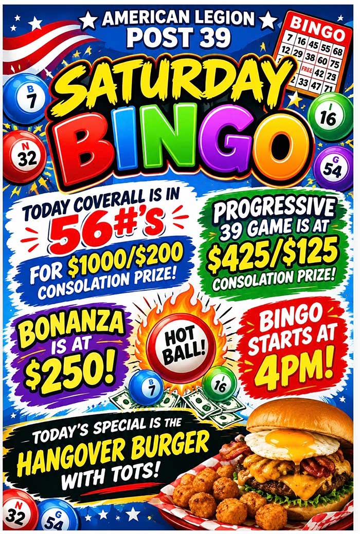 Saturday October 3, 2026 Bingo and more.