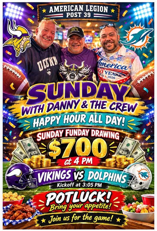 Sunday October 4, 2026 Happy Hour, Sunday Funday, Footbal on big sceeens. Sunday October 4, 2026.
