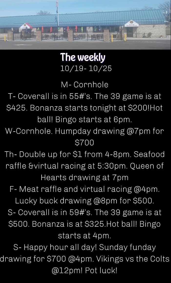 Weekly Events October 19 thru 25, 2026 at American Legion North Saint Paul MN.