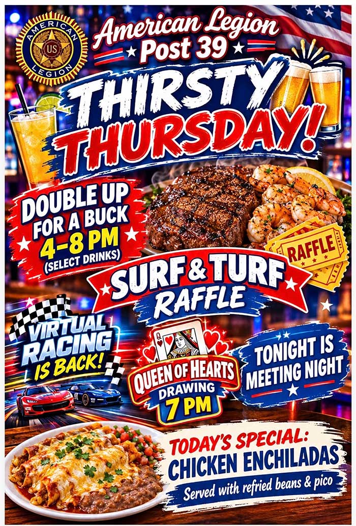 Thursday October 8, 2026 at American Legion North Saint Paul MN Surf and Turf Raffle, Virtual Racing, Queen of Hearts Drawing Chicken Enchiladas special. Thursday October 8, 2026.