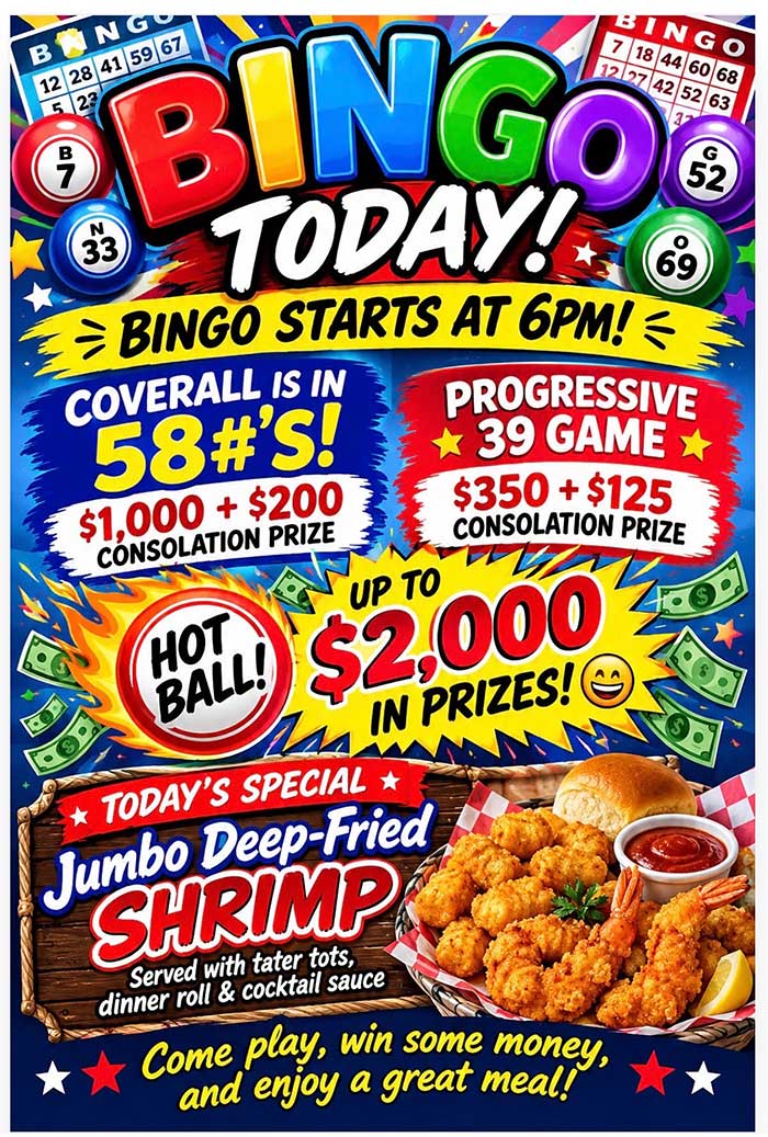 Tuesday, September 29, 2026 Bingo and Shrimp special. Tuesday September 29, 2026.
