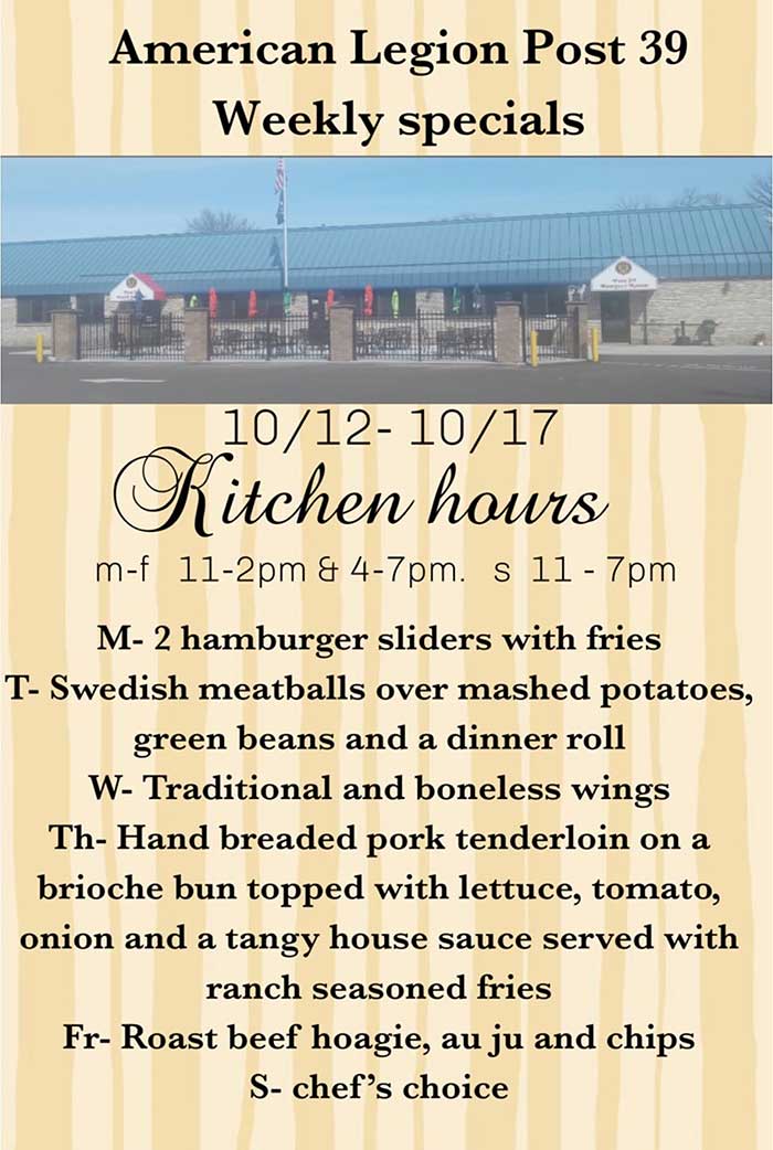 Weekly Specials on meals October 12, 2026. Weekly Specials October 12, 2026.