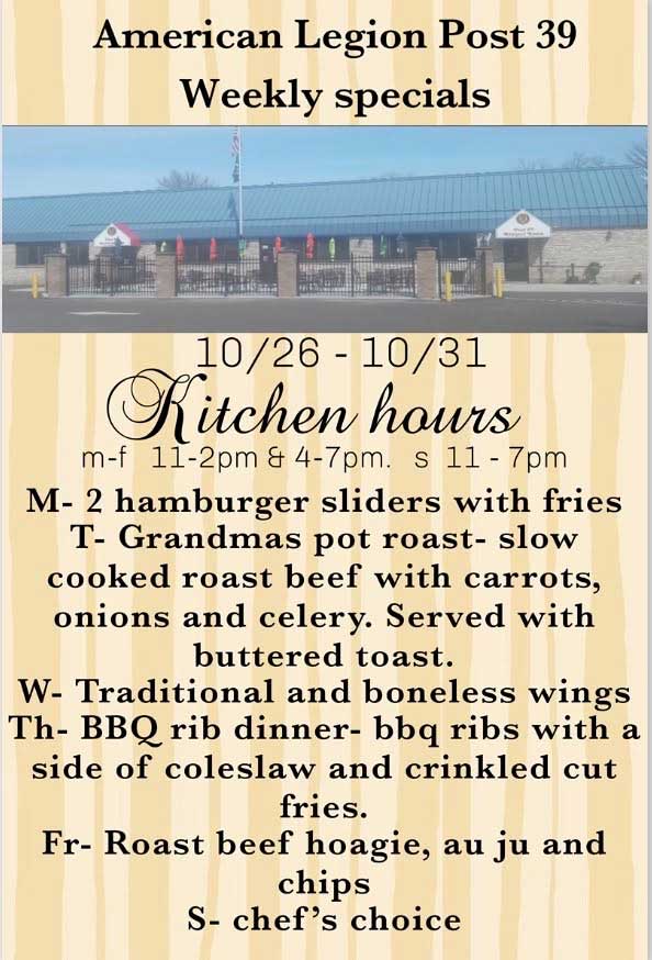Weekly Food Specials October 26 thru 31, 2026.